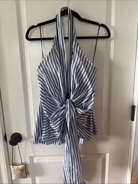 Zara Blue and White Striped Halter Tie-Front Camisole